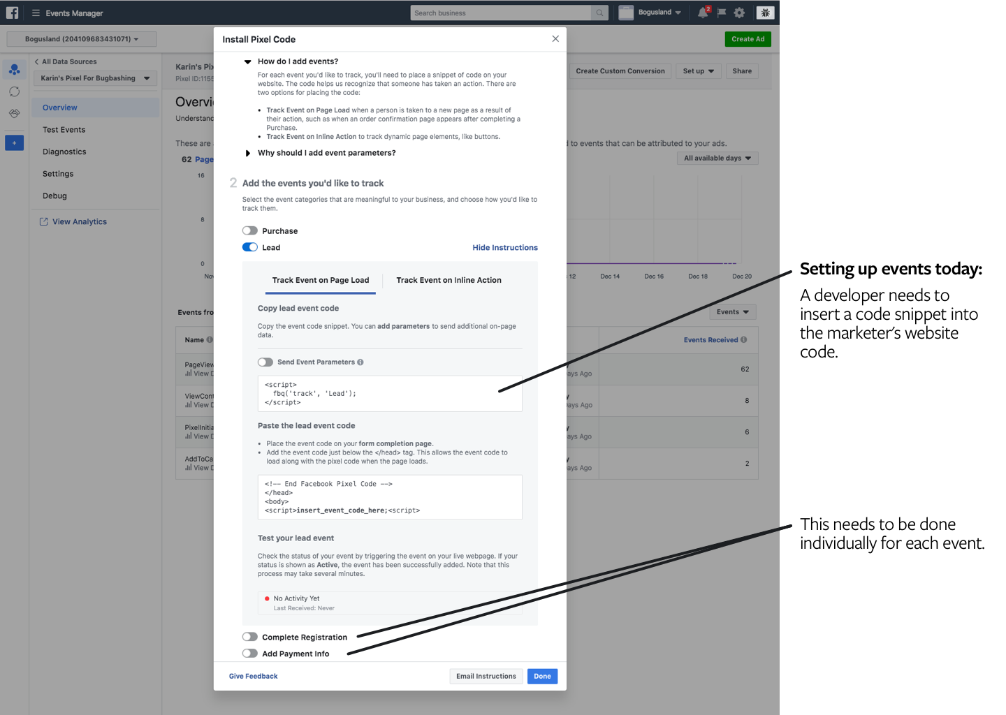 Current setup instructions for Facebook web analytics